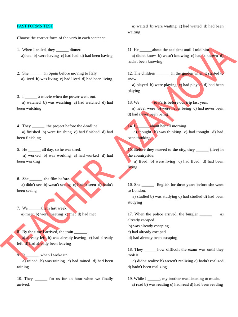 Past Tense Verb Form Quiz | PDF