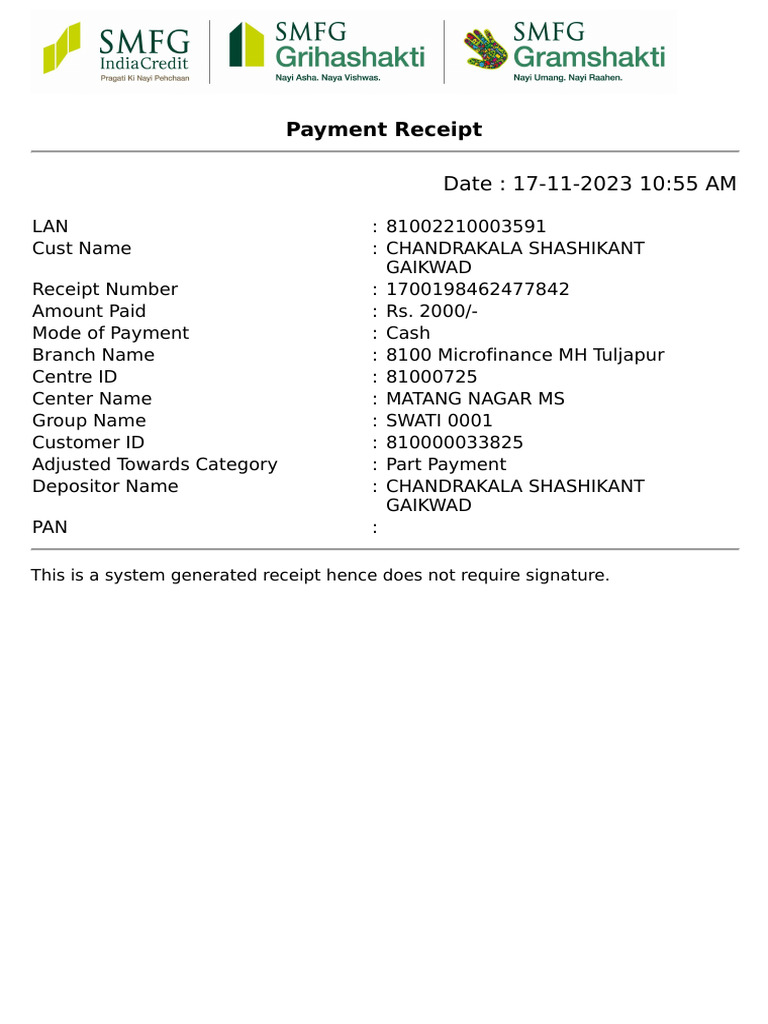 Payment Receipt for Chandrakala Gaikwad | PDF