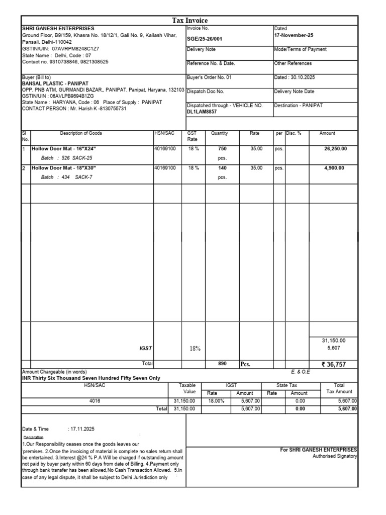 Tax Invoice for Door Mats Purchase | PDF | Money | Public Finance