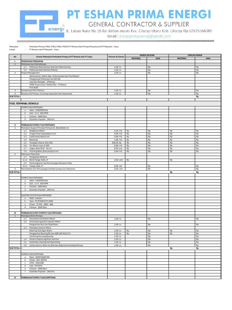 Bq Kosong Pompa p422, p423, p424, p429_eshan | PDF