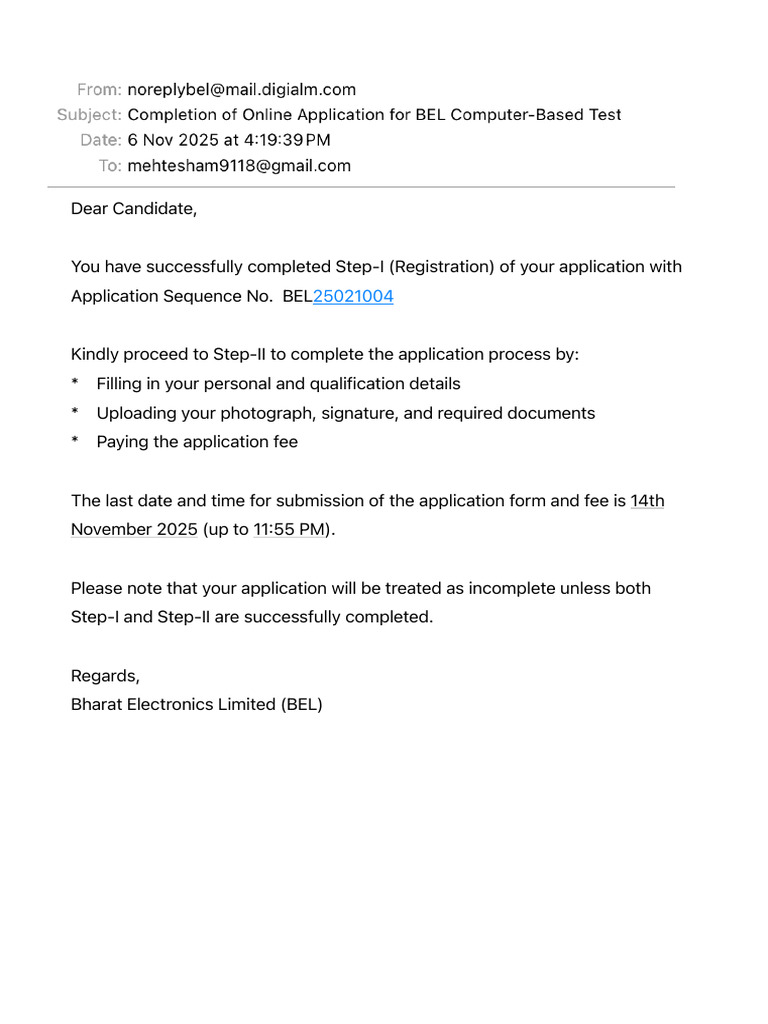 Completion of Online Application For BEL Computer-Based Test-2 | PDF