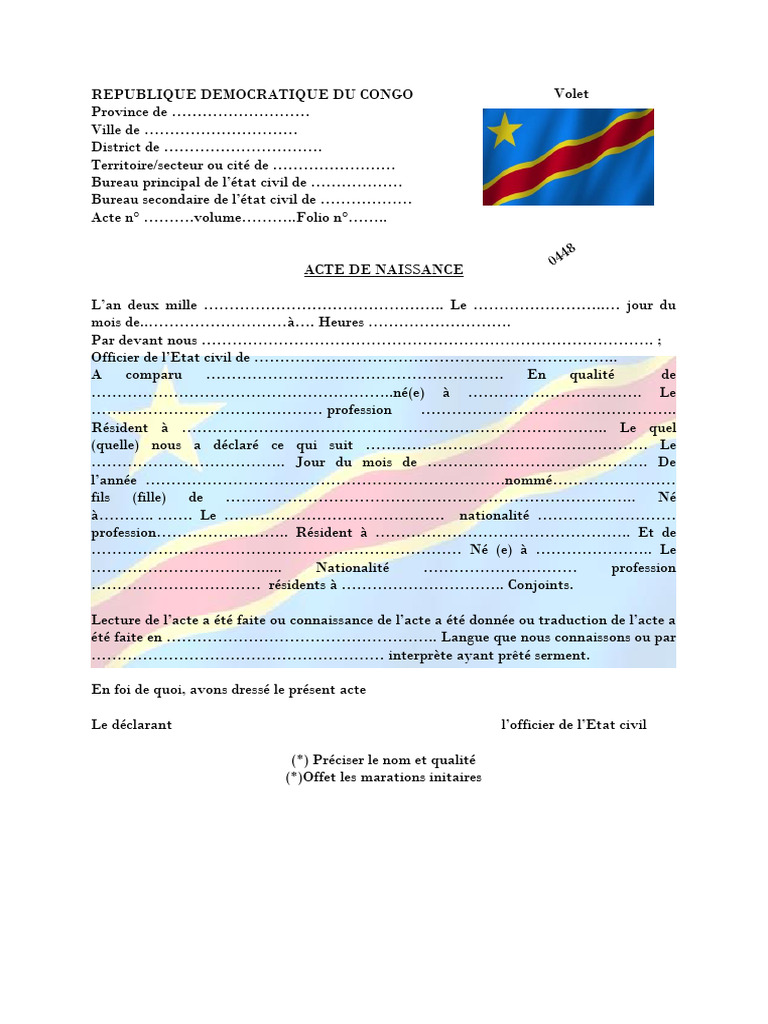 Acte de naissance RDC : modèle officiel | PDF