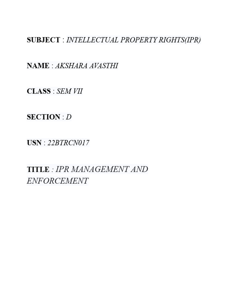 IPR Management and Enforcement in India | PDF | Intellectual Property ...