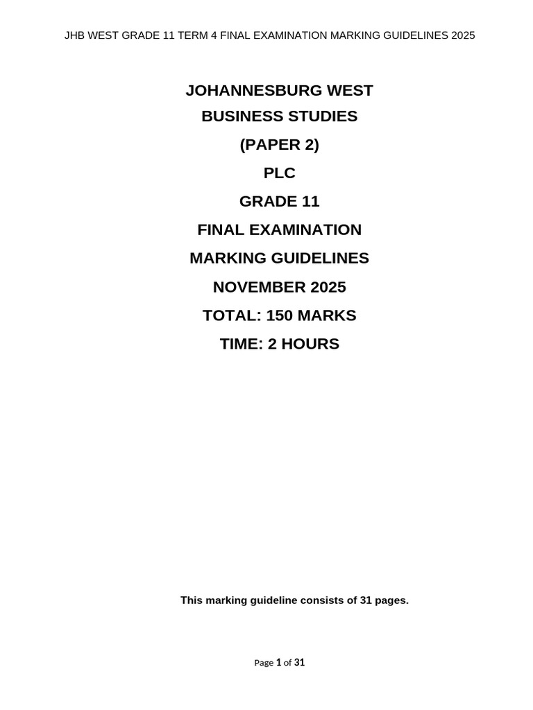 JHB West Grade 11 Business Studies Exam Guidelines | PDF | Sole ...