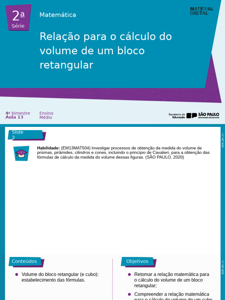 Aula 13 - Relação para o Cálculo Do Volume de Um Bloco Retangular | PDF