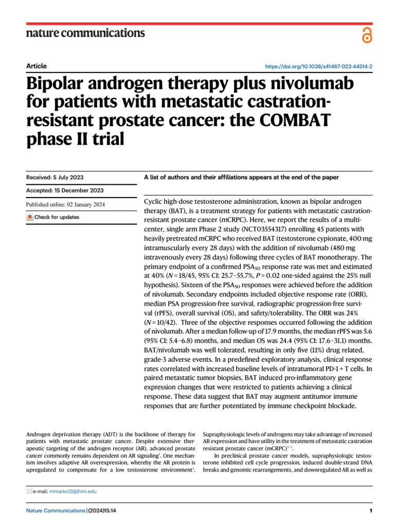 Bipolar Androgen Therapy Plus Nivolumab PDF Prostate Cancer Cancer