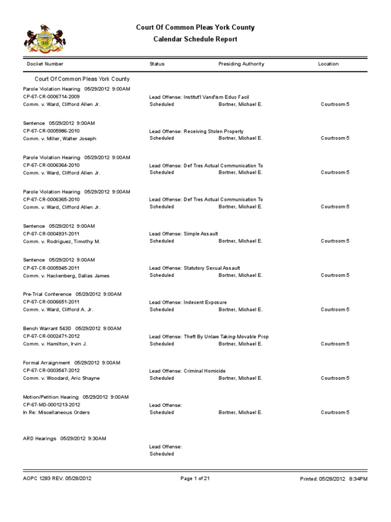 York County Court Docket For May 29 PDF