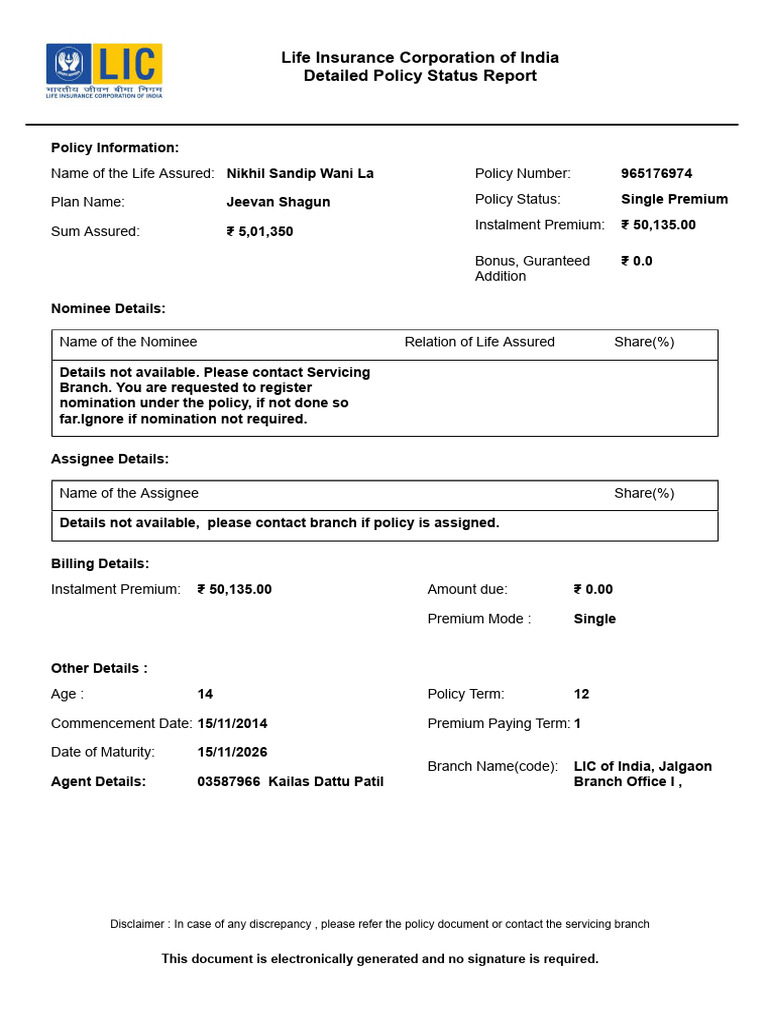 LIC Policy Status Report for Nikhil Wani | PDF