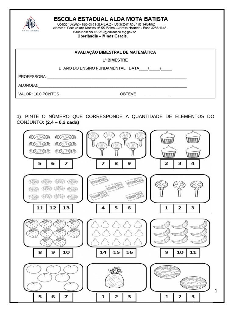 Avaliação de Matemática 1º Ano Fundamental | PDF