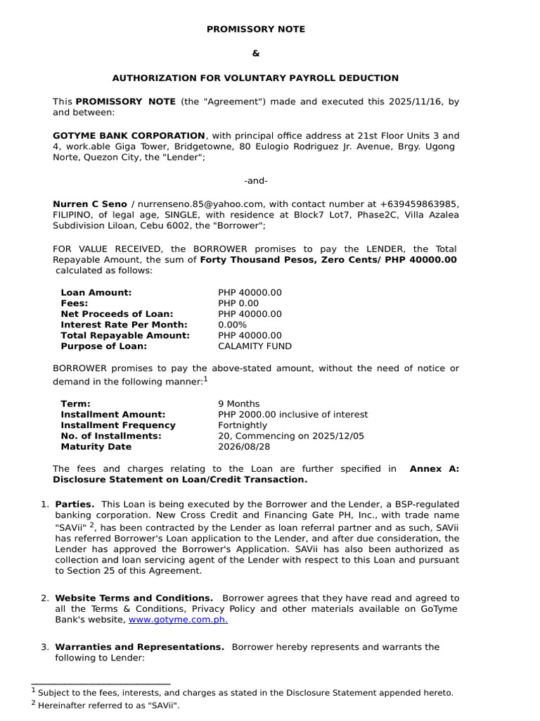 Promissory Note for Payroll Deduction | PDF | Loans | Interest