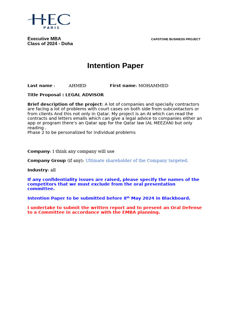 CAPSTONE - Intention Paper - Doha 2024 Mohammed AHMED | PDF