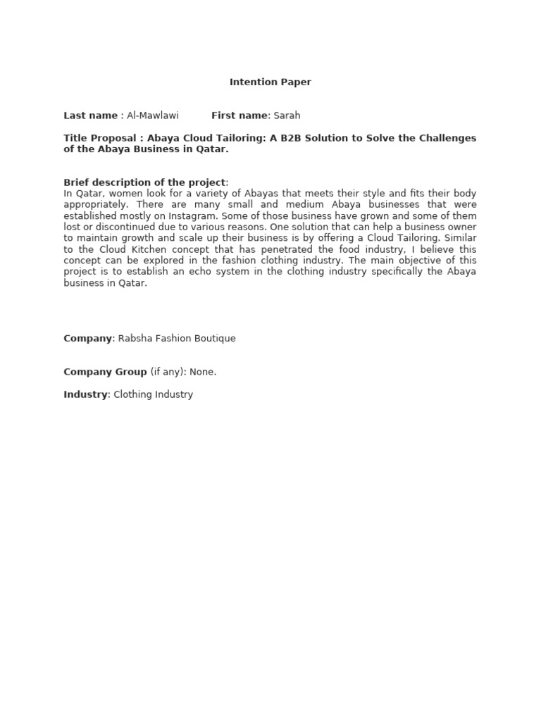 Sarah AL-MAWLAWI Intention Paper | PDF