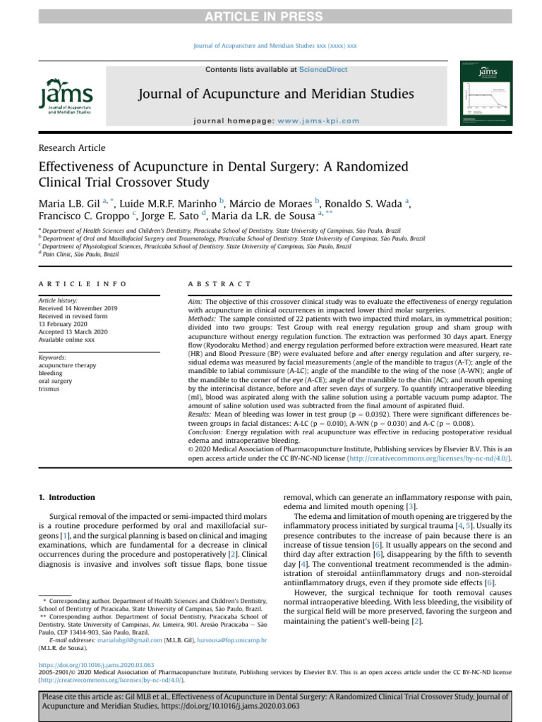 Effectiveness of Acupuncture in Dental Surgery - A Randomized Clinical ...
