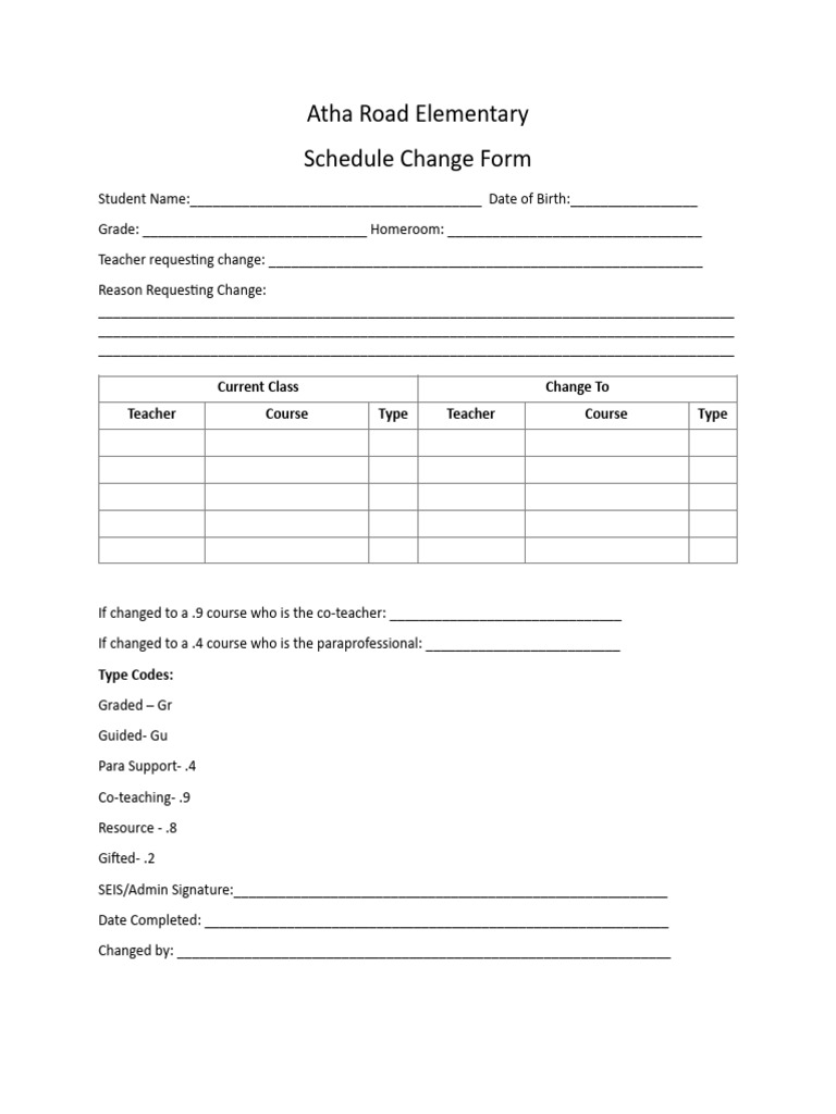 Atha Road Elementary Schedule Change Form | PDF