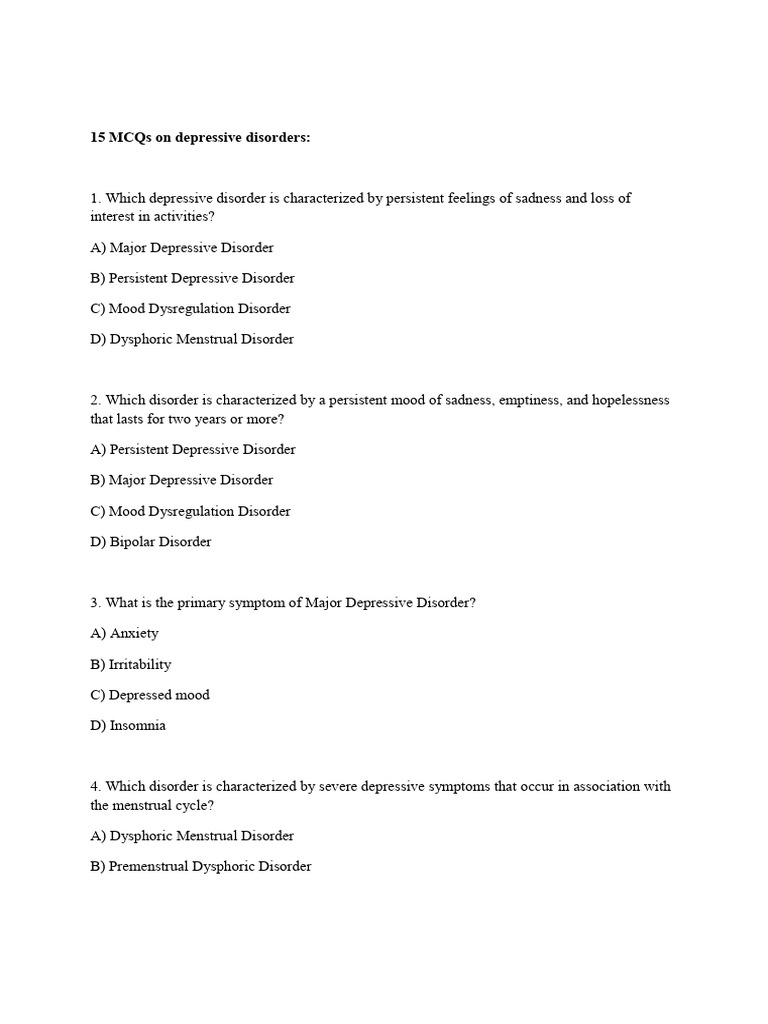 Depressive Disorder Mcqs 15 | PDF | Mood Disorders | Major Depressive ...
