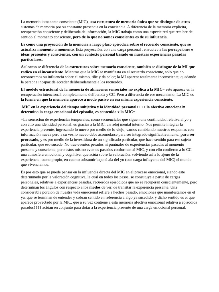 Memoria Inmanente Consciente y Emoción | PDF | Memoria | Experiencia