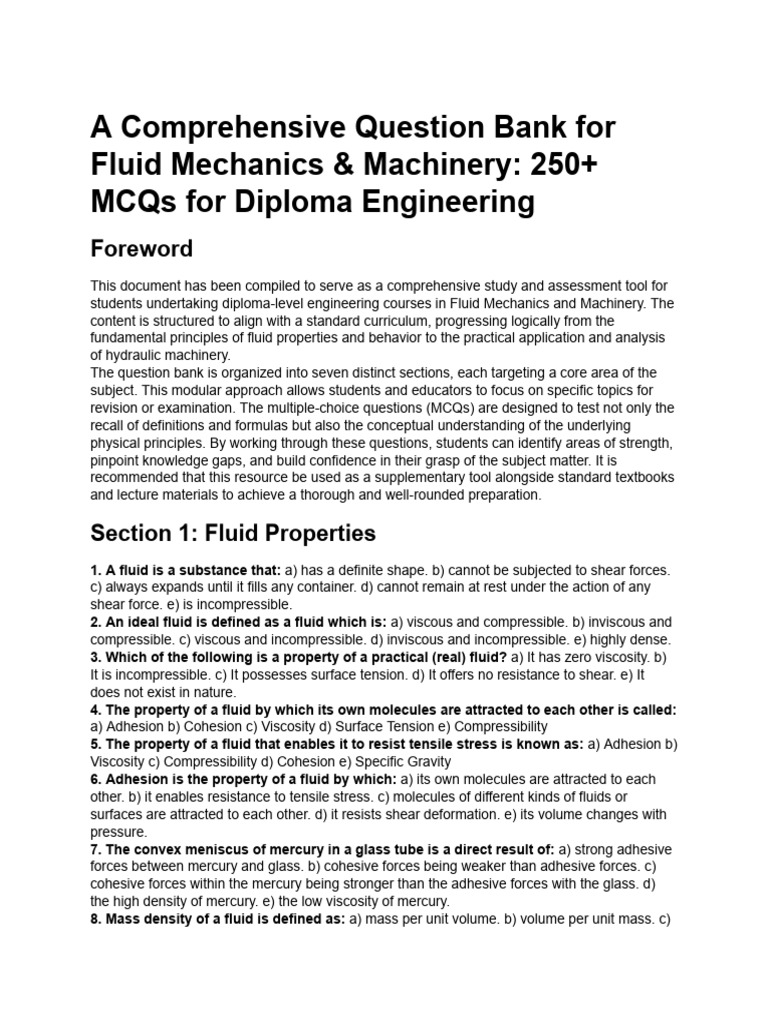 Fluid Mechanics MCQs for Diploma Engineering | PDF | Buoyancy | Turbine