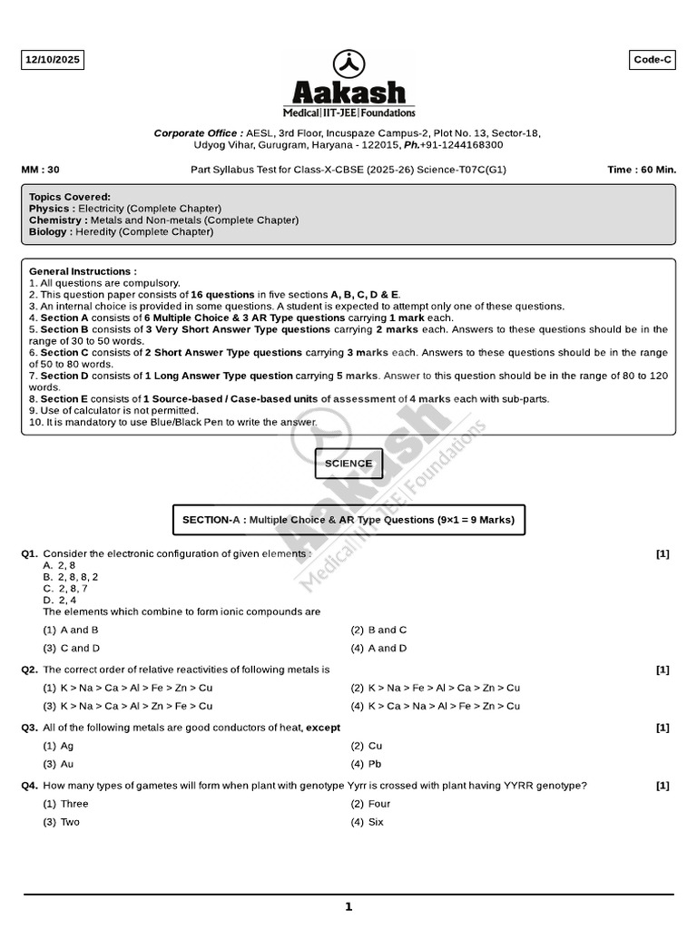 PST-7C (CBSE - G-1) Science - Class-10 (12-10-2025) | PDF