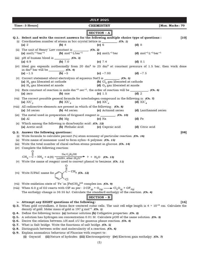 July 2025 Chemistry Exam Questions | PDF | Acid | Chemical Reactions