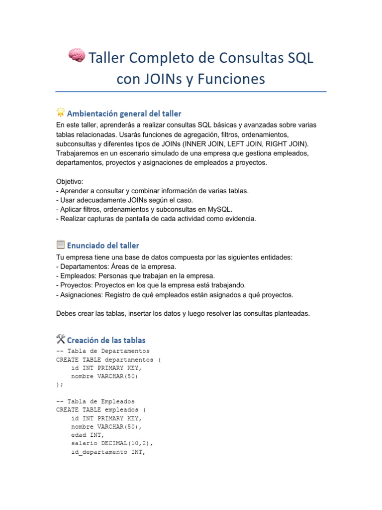 Taller SQL Consultas Joins Completo | PDF | SQL | Bases de datos