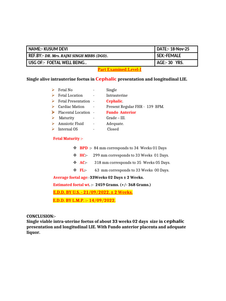 Fetal Well-Being Report: 33 Weeks | PDF