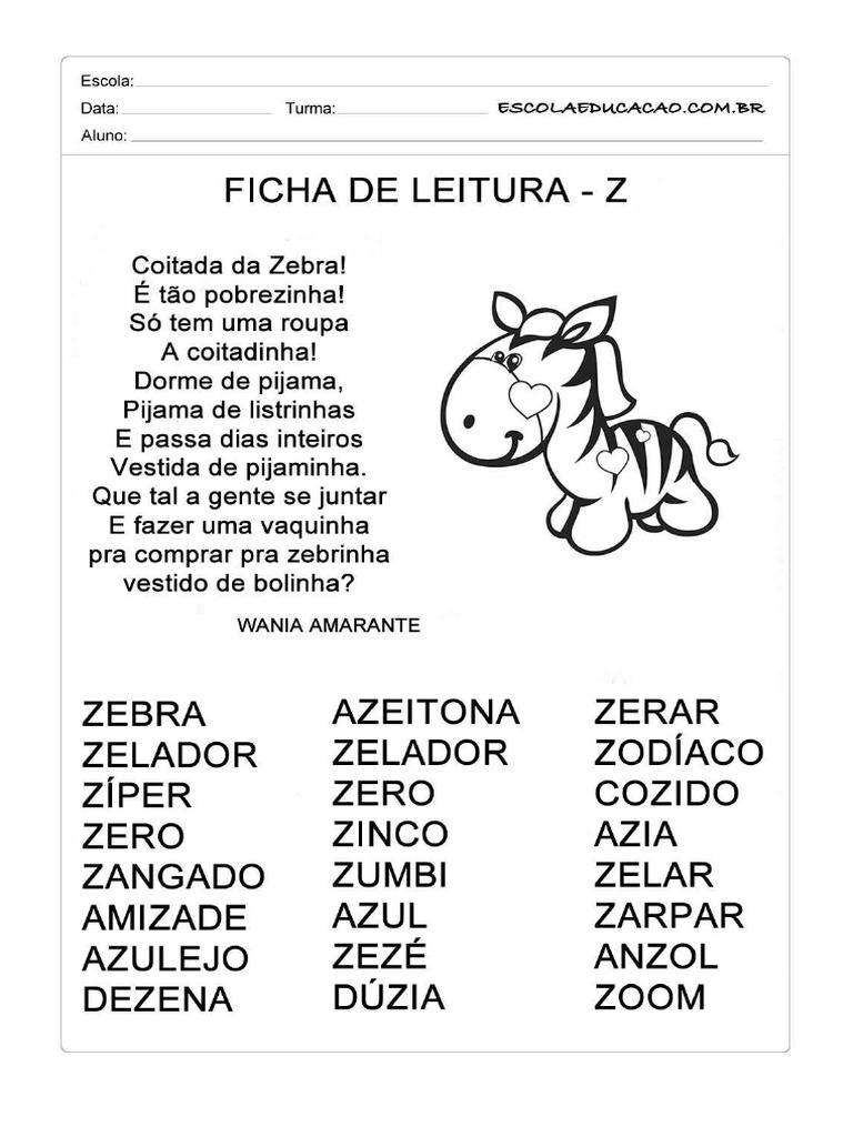 Atividade Letra Z - Texto Coitada Da Zebra | PDF