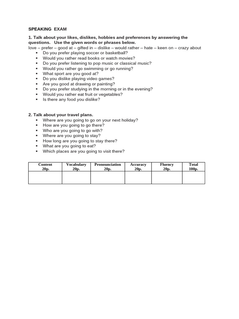 Speaking Exam: Hobbies and Travel Plans | PDF