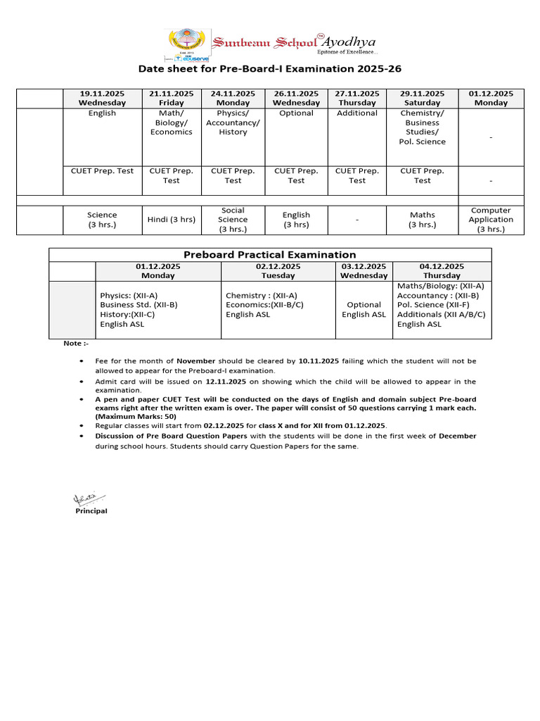 Pre Boards Datesheet X - XII - 1758904205018 4 | PDF