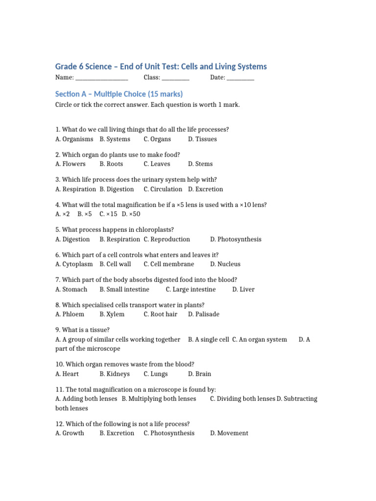 Grade 6 Science Test: Cells & Systems | PDF | Cell (Biology) | Tissue ...