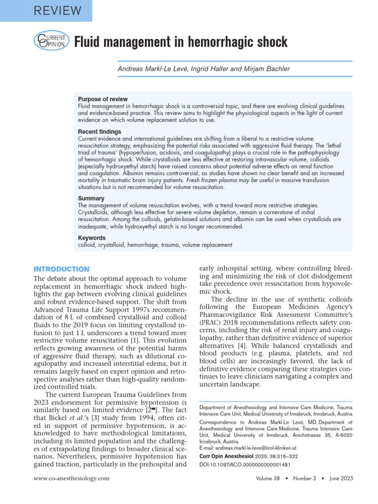 Fluid Management in Hemorrhagic Shock | PDF | Coagulation | Shock ...