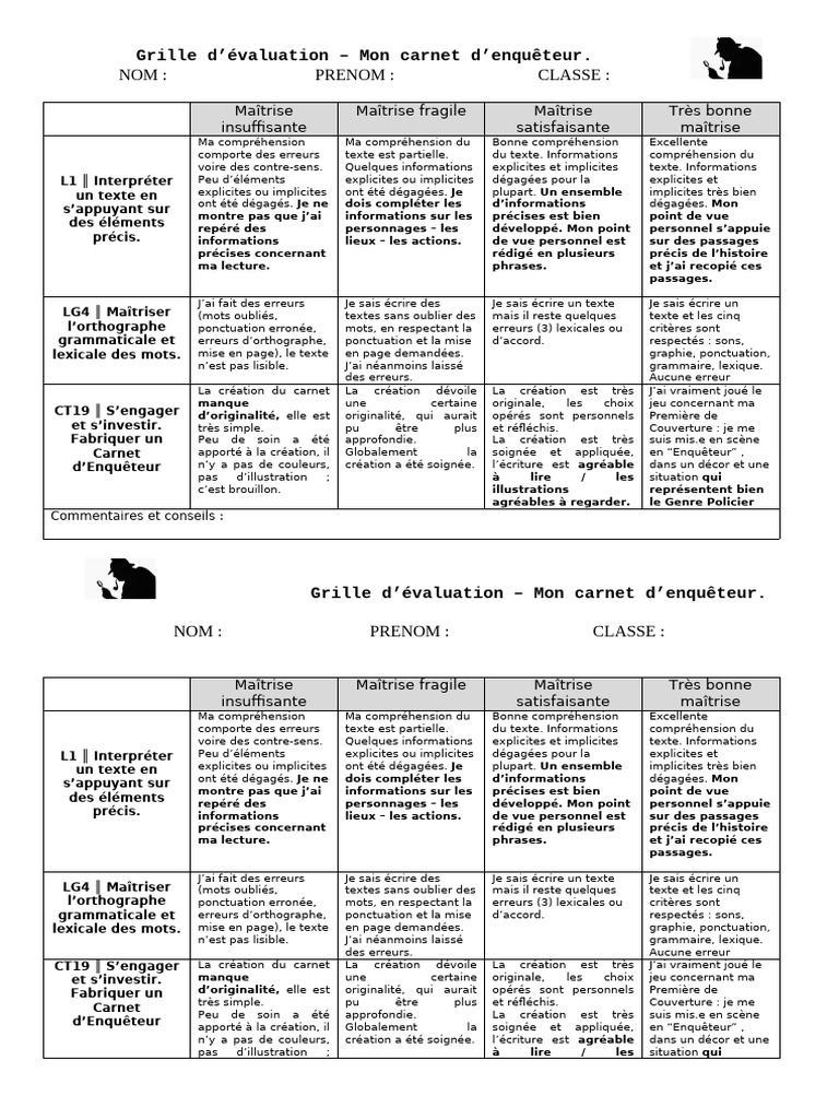 Grille d'évaluation du carnet d'enquêteur | PDF | Orthographie | Lexique