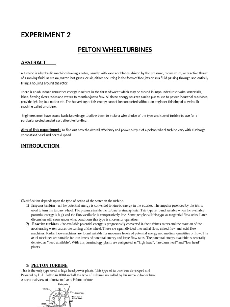 Pelton Wheel Turbine Efficiency Experiment | PDF | Turbine | Jet Engine