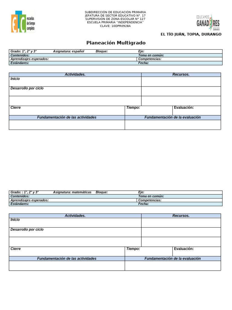 Formato de Planeación | PDF | Educación primaria | Teoría de la educación