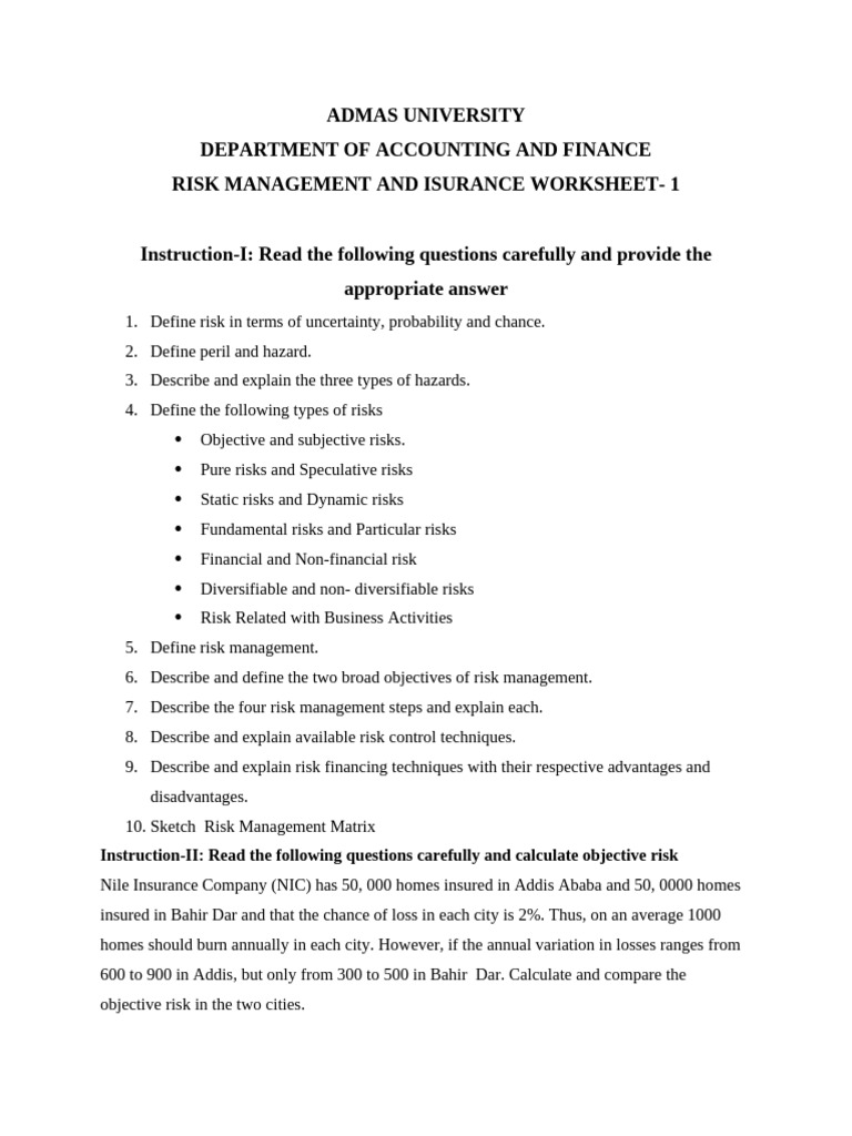 Risk & Insurance Worksheet | PDF