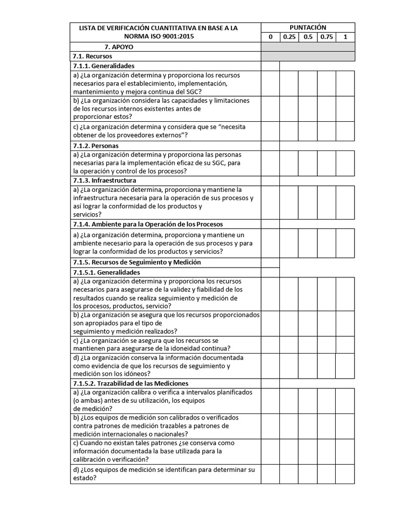 Lista de Verificación Iso 90012015 Cap 07-10 | PDF | Evaluación | Diseño
