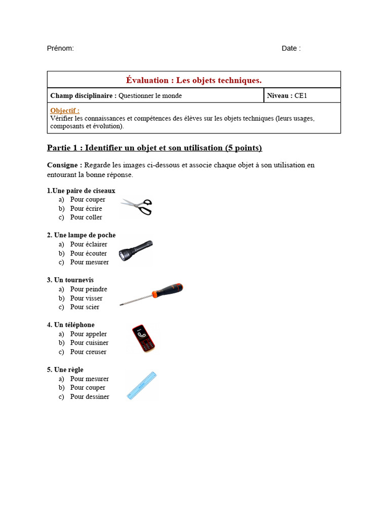 Évaluation CE1 : Objets techniques | PDF