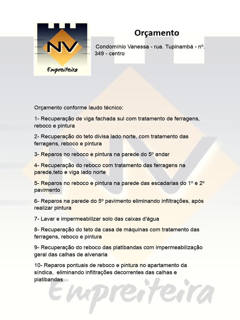 Orçamento de Recuperação Predial | PDF