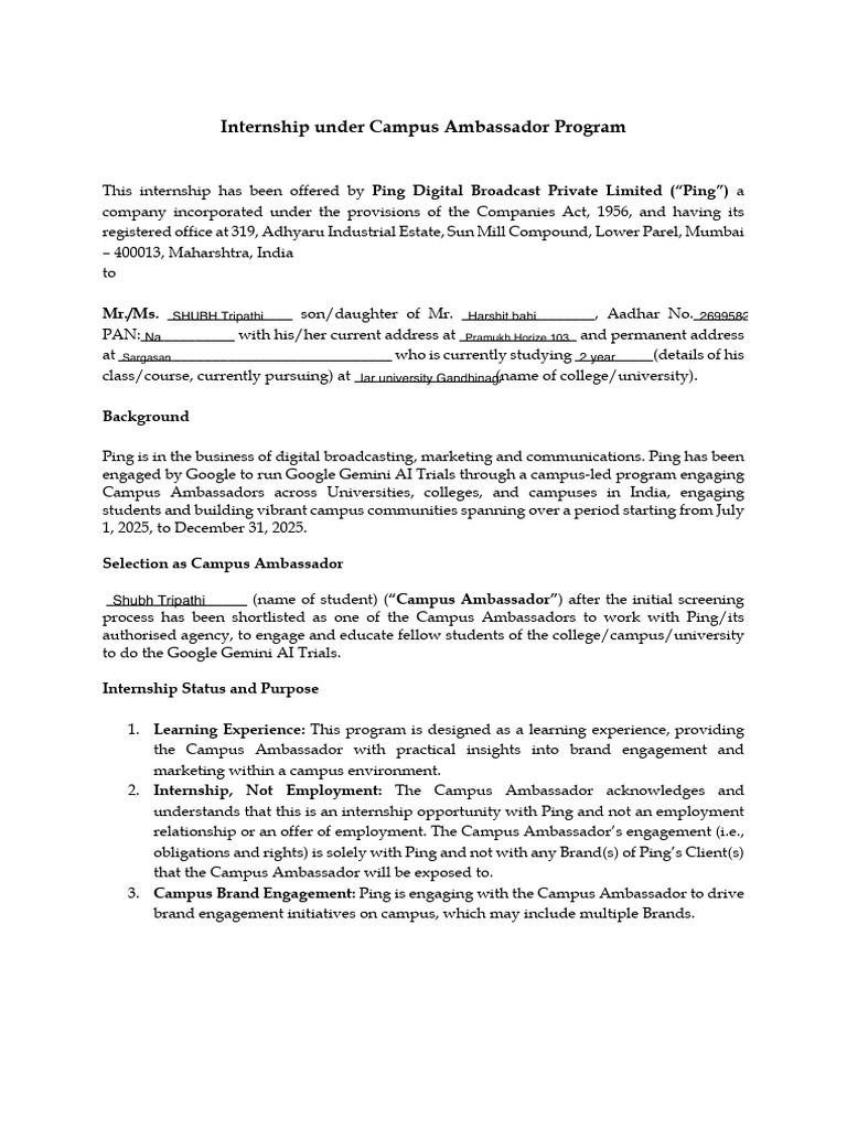 Campus Ambassador Internship Agreement | PDF | Intellectual Property ...