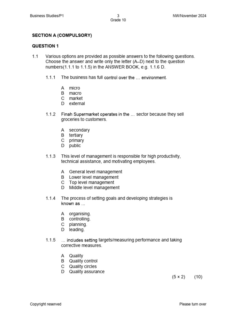 Grade 10 Business Studies Exam Guide | PDF | Economies | Business
