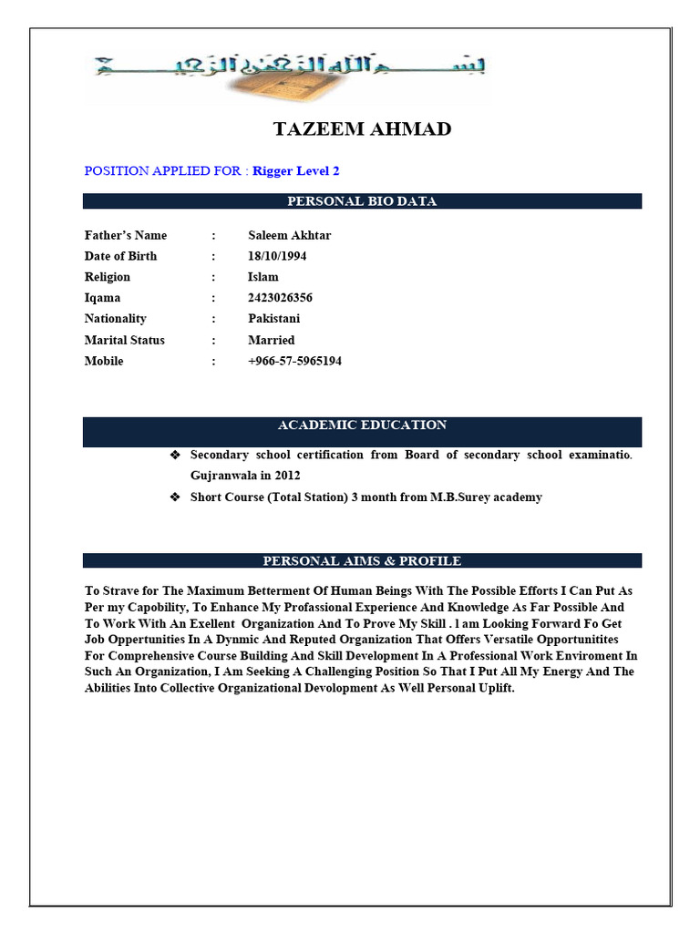 Tazeem Rigger Level 2 CV | PDF