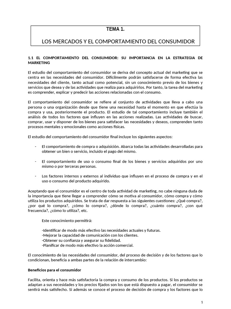 Tema 1 Marketing El Comportamiento Del Consumidor y de Las ...