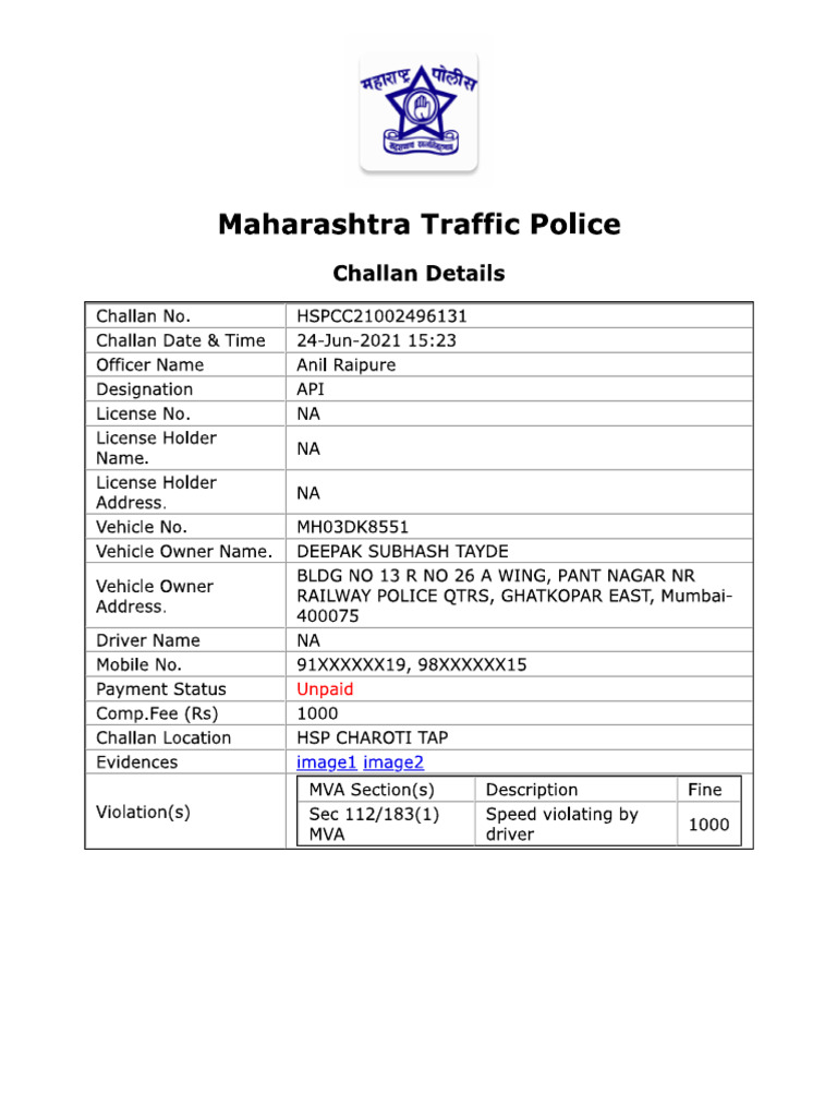 MH03DK8551 Challan | PDF