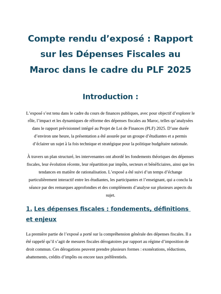 Dépenses fiscales au Maroc : enjeux et PLF 2025 | PDF | Impôts | Niche ...