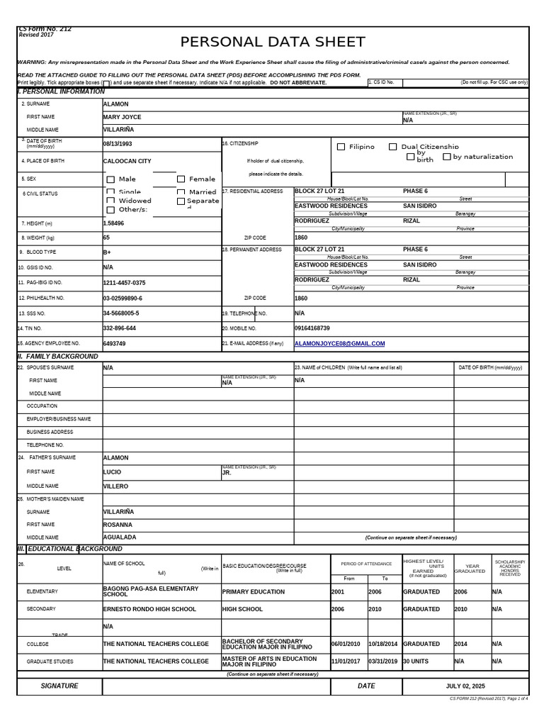 Cs Form Pds Alamon Final Na .XLSX S 1 | PDF