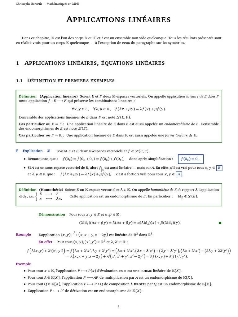 Applications Linéaires en Mathématiques MPSI | PDF | Base (algèbre ...
