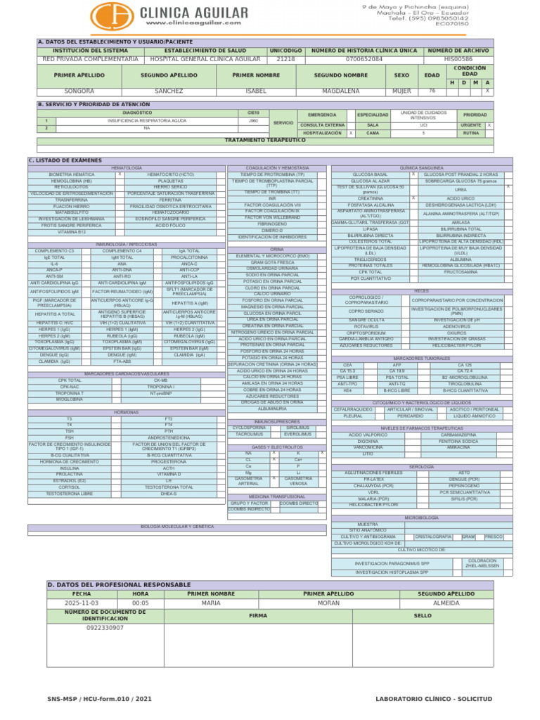Am Form 010 25-10-2025 - Songora Sanchez Isabel Magdalena | PDF | Orina ...