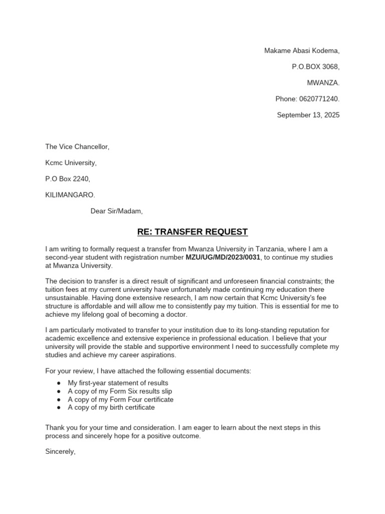 Transfer Request to KCMC University | PDF