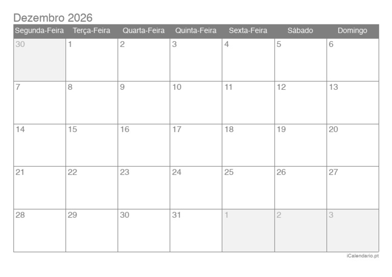 Calendário de Dezembro 2026 | PDF