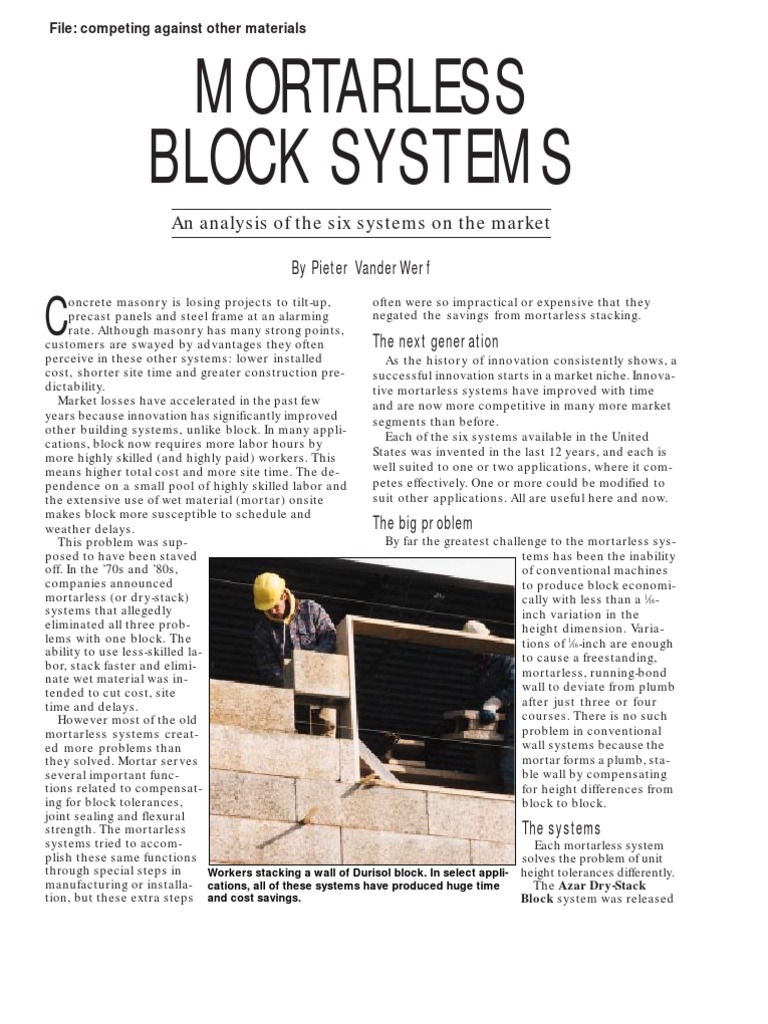 Mortarless Block Systems Overview | PDF | Building Technology | Concrete
