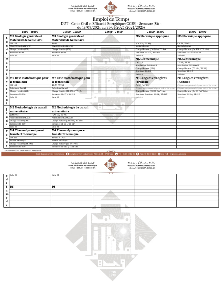 Emploi du Temps DUT GC2E S1 2024-2025 | PDF | Ingénierie | Ingénierie ...